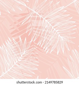 Resumen del fondo follaje tropical en tonos rosa rosado. Las hojas de la palma hacen que el arte de la línea sea un patrón sin fisuras. Ilustración de trópicos creativos para diseño de ropa de baño, papel pintado, textil. Arte vectorial
