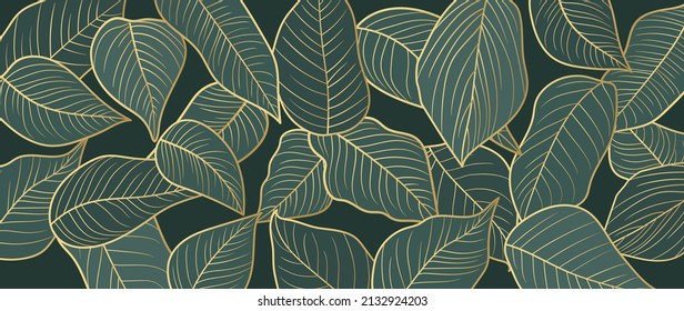 Abstract tropical and foliage on dark green background. Luxury gold wallpaper of green tropic leaves and tree in hand drawn pattern. Line art of summer jungle for banner, prints, decoration.