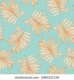 Abstract tropical foliage seamless pattern. Hand drawn abstract summer background : palm leaves in silhouette background. Vector tropics illustration for swimwear design, wallpaper, textile