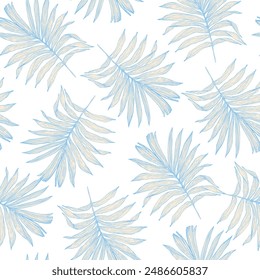 Abstract tropical foliage seamless pattern in pastel colors. Hand drawn abstract summer background : palm leaves in silhouette background. Vector tropics illustration for swimwear design, wallpaper