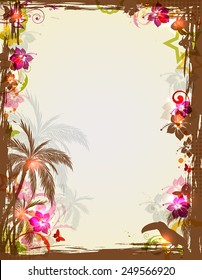 Abstract tropical frame with palms and bird