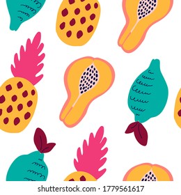 Abstract tropical fruits pattern. Exotic seamless pattern with fruits - pineapple, lemon, papaya. Vector illustration in hand drawn style. Bright ornament for textile and wrapping.