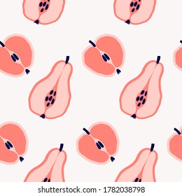 Abstract tropical fruits pattern. Exotic seamless pattern with pineapple, lemon, pear, Apple, papaya and palm leaves. Vector illustration in hand drawn style. Bright ornament for textile and wrapping.