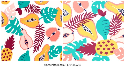 Abstract tropical fruits pattern. Exotic seamless pattern with pineapple, lemon, pear, Apple, papaya and palm leaves. Vector illustration in hand drawn style. Bright ornament for textile and wrapping.