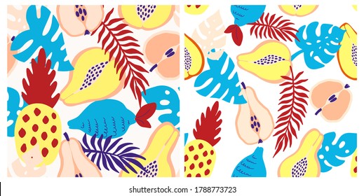 Abstract tropical fruits pattern. Exotic seamless pattern with pineapple, lemon, pear, Apple, papaya and palm leaves. Vector illustration in hand drawn style. Bright ornament for textile and wrapping.