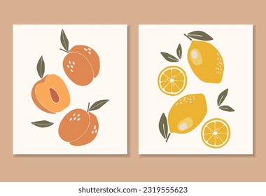 Abstract tropical fruits set, boho tropical elements isolated vector illustration, summer peach and lemon fruits art, fruits banner