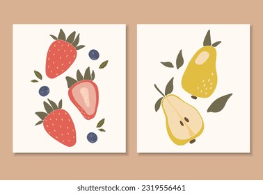 Abstract tropical fruits set, boho tropical elements isolated vector illustration, summer pear and strawberry fruits art, fruits banner