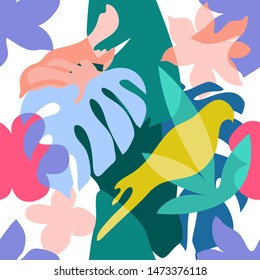 Abstract tropical garden. Colorful birds, leaves and flowers with overlapping shapes. Retro textile collection. On white background.