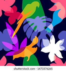 Abstract tropical garden. Colorful birds, leaves and flowers with overlapping shapes. Retro textile collection. On dark background.