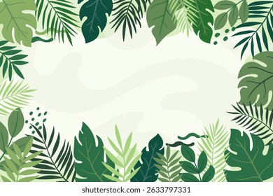 Abstract tropical green leaves background, jungle modern frame with monstera, palm and banana leaves. Tropical Wild Foliage Background