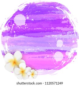 Abstract tropical grunge background with plumeria flowers and palm leaves on colorful watercolor splash.  Grunge round shape.