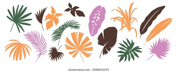 Abstract tropical Hawaiian set with palm leaves and exotic plants. Botanical illustration. Vector colored simple elements isolated on a white background. 