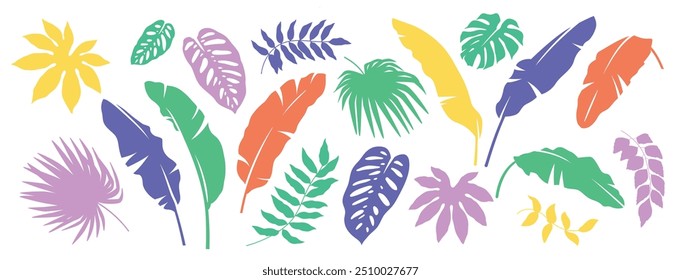 Abstract tropical Hawaiian set with palm leaves and exotic plants. Botanical illustration. Vector colored simple elements isolated on a white background. 