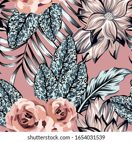 Abstract tropical illustration grayscale leaves and rose, lily flowers seamless pattern on pink background. Trendy vivid exotic vector wallpaper