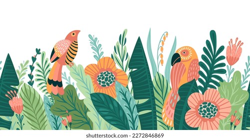 Abstract tropical illustration. Isolated seamless border for fabric, shop window, poster, cover, card, interior decor and other use