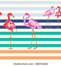 Abstract tropical illustration of two  flamingo on a striped background (sand, sea, sky), color fashion design prints , vector seamless pattern,  trendy stylish texture spring summer