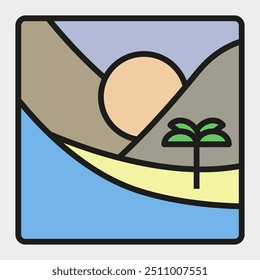 Abstract tropical island with line. The sun over the sea. Palm trees on the island. EPS 10.