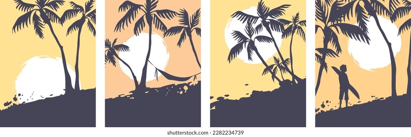 Abstract tropical landscape. Collection vector illustrations. Sunset in the tropics with palm trees.