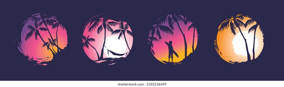 Abstrakte tropische Landschaft. Vektorgrafiken der Sammlung. Sonnenuntergang in einer Bucht mit Palmen. Druck für T-Shirt in Form eines Kreises