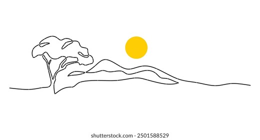 Abstrakte tropische Landschaft kontinuierliche Kunstlinie mit Bergen, Meer, Kokospalme, Wolkenlandschaft. Vektor Natur Tapete für minimale Poster.
