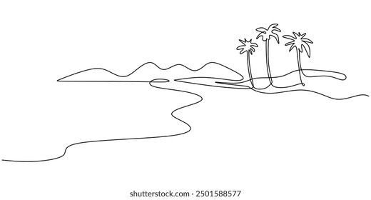 Abstract tropical landscape continuous art line with mountains, sea, coconut palm tree, cloudscape. Vector nature wallpaper for minimal poster.