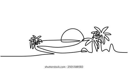 Abstrakte tropische Landschaft kontinuierliche Kunstlinie mit Bergen, Meer, Kokospalme, Wolkenlandschaft. Vektor Natur Tapete für minimale Poster.