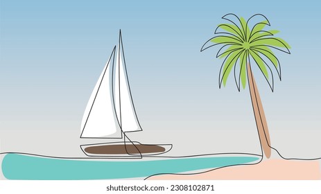 Abstract tropical landscape continuous line art with sailboat, sea, palm tree. Vector illustraion