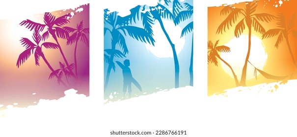 Abstract tropical landscape in a haze. Three vector illustrations. Sunset in the tropics with palm trees.	