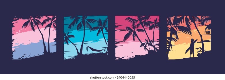 Abstract tropical landscape. Set of vector illustrations. Sunset in a bay with palm trees. Print for t-shirt.