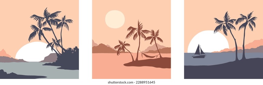 Resumen del paisaje tropical. Tres ilustraciones vectoriales. Atardecer en una bahía con palmeras.	