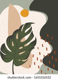 Abstract Tropical Leaf Illustration Poster. Earthy tones. Monstera Wall Art Design.-Vector