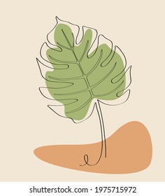 Abstract tropical leaf. Minimal design, freehand composition, modern style. Elegant continuous line poster for a Scandinavian interior. Linear vector.