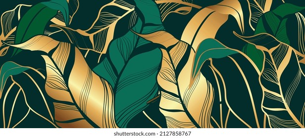 Abstract tropical leaf on green background. Luxury wallpaper of botanical leaf, philodendron plant in gold line art pattern. Shining leaf for wallpaper, banner, covers, wall art, home decor, fabric.