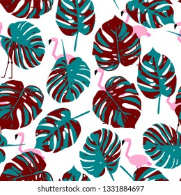 
Abstract tropical leaf pattern and abstract flamingo seamless pattern on white background
