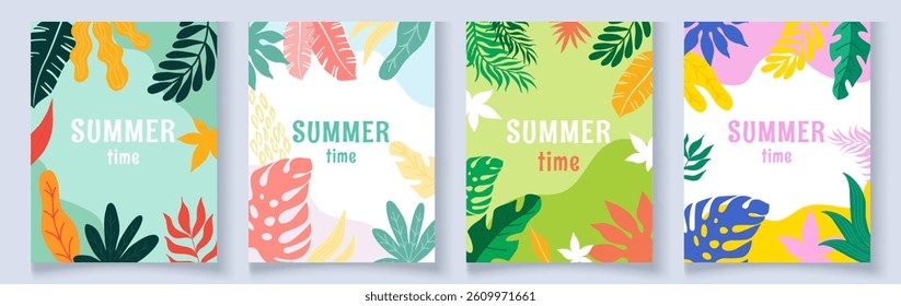 Abstract tropical leaf summer card set. Minimalist and colorful design for branding, invitations, posters, banners, and seasonal ads. Clean layout suitable for various marketing needs