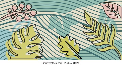 Resumen de diseño de fondo de hojas tropicales con estilo de arte de línea e ilustración de hoja verde