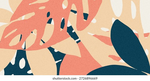 Fondo de hojas tropicales Abstractas con colores pastel suaves, Formas orgánicas y textura de grano. Diseño decorativo moderno para carteles, Anuncios, marcas y diseños digitales