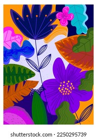 Abstract tropical leaves and flowers hand drawn vector illustration background.