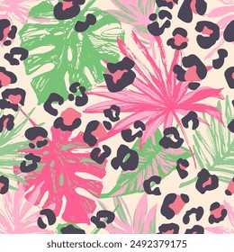 Abstract tropical leaves, grunge leopard camouflage spots background. Trendy seamless pattern palm leaves, animal skin print in bright colors. Vector art for surface design, fabric, wallpaper