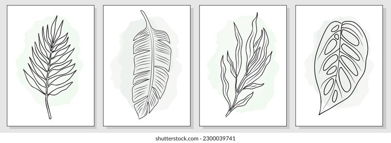 Abstract Tropical leaves Line Drawing Print Set. Botanical Posters. Modern Line Art, Aesthetic Contour. Perfect for Home Decor, Wall Art, tattoo, logo, jewelry design. Vector art illustrations