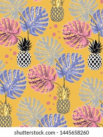 abstract tropical leaves. Monstera print. Fruit pineapple pattern. Jungle exotic background. Hand made drawing. Vector illustration