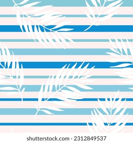 Abstract tropical leaves on blue striped background. Seamless tropical pattern. Trendy palm leaf silhouettes, lines, stripe. Vector art illustration for summer design, floral prints, wallpaper