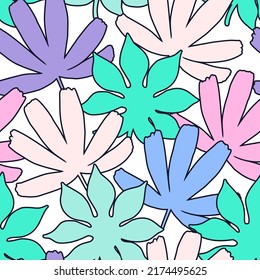 Abstract tropical leaves repeating background. Bold cartoon leaves with outline, contour seamless pattern. Vector summer illustration for vintage retro pop art collage design, wallpaper, swimwear