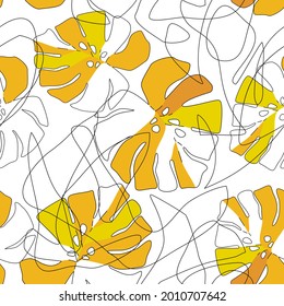 Abstract tropical leaves scribbles seamless pattern. Modern monstera leaf in one line drawing on doodle background. Contemporary vector illustration for fashion design, urban street wallpaper