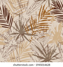 Abstract Tropical Leaves Seamless Pattern. Palm Tree Leaf, Monstera Plant Silhouettes, Line Doodle Art Background. Tropics Paradise Vector Illustration For Summer Fashion, Swimwear, Textile, Wallpaper