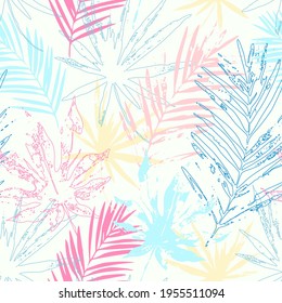 Abstract tropical leaves seamless pattern. Palm tree leaf, monstera plant silhouettes, line doodle art background. Tropics paradise vector illustration for summer fashion, swimwear, textile, wallpaper