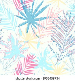 Abstract tropical leaves seamless pattern. Palm tree leaf, monstera plant silhouettes, line doodle art background. Tropics paradise vector illustration for summer fashion, swimwear, textile, wallpaper