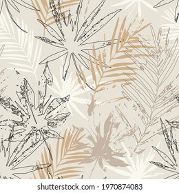 Abstract tropical leaves seamless pattern. Palm tree leaf, monstera plant silhouettes, line doodle art background. Tropics paradise vector illustration for summer fashion, swimwear, textile, wallpaper