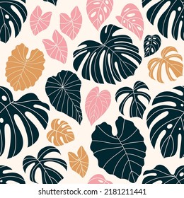 Abstract tropical leaves seamless pattern. Exotic monstera and palm leaves. Vector illustration.