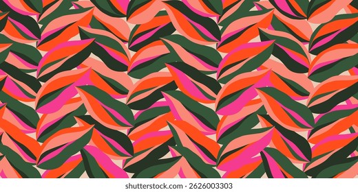 Abstrato tropical folhas padrão sem costura com estilo vertical. Design de impressão de folhagem moderna para tecido, têxteis, roupas, embalagem, tampa, banner, decoração doméstica e fundos. Ilustrações vetoriais.